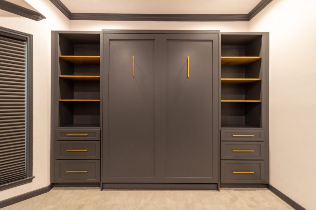 Vertical Queen Murphy Bed with Stained Shelving Madewell Woodworks