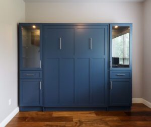 Vertical queen Craftsman Murphy bed with glass cabinet option, painted Dark Secret