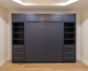 Vertical king Craftsman Murphy bed with custom cabinets, painted Mysterious