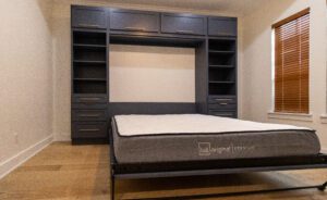 Vertical king Murphy bed with custom cabinets in open position, includes Lull mattress