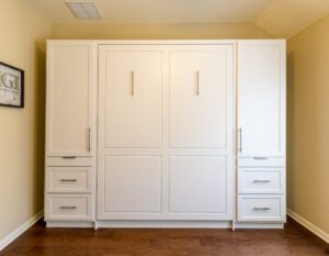 Vertical queen Murphy bed with custom cabinets, painted Super White