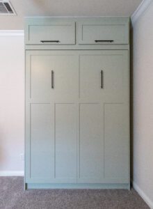 Vertical queen Craftsman Murphy bed with upper cabinet, painted Soft Sage