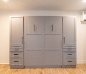 Vertical queen Shaker Murphy bed with wardrobe cabinets