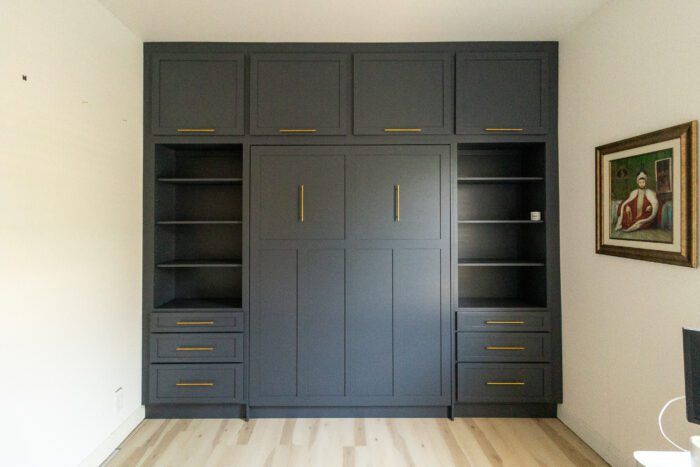Vertical queen Craftsman Murphy bed with custom cabinetry, painted
