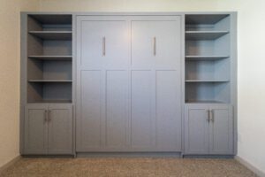 Vertical queen Craftsman Murphy bed with custom cabinets, painted Chance of Rain