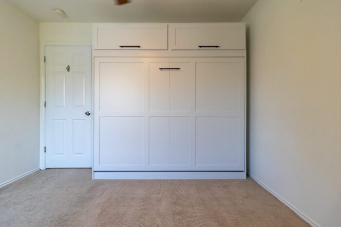 Horizontal queen Shaker Murphy bed with upper cabinet