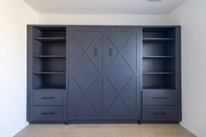 Vertical queen Crestview Murphy bed with cabinets, painted in Mysterious