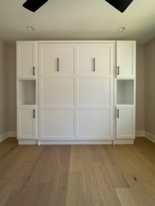 Vertical queen shaker Murphy bed with cabinets