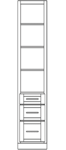 Wardrobe cabinet design showing upper shelving compartments and three lower drawers for closet organization