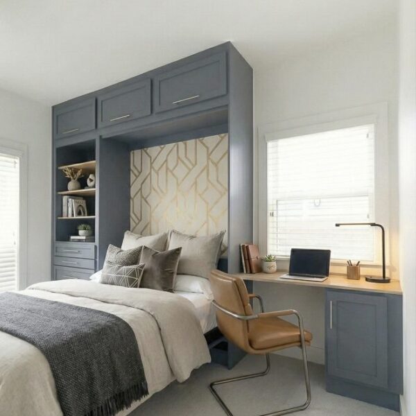 Custom charcoal grey Murphy bed unit with a gold geometric headboard, built-in shelving, and an integrated desk in a modern bedroom-office.