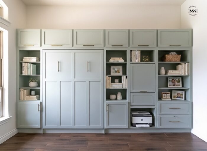 Custom sage green built-in wall unit with a hidden Murphy bed and desk, integrated library shelving, and gold hardware.