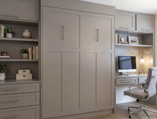Custom taupe Murphy bed with integrated home office desk and side cabinetry in Austin, TX