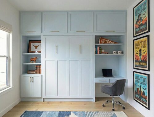 Queen Murphy bed built-in - Madewell Woodworks Custom built-in Murphy bed with integrated desk and cabinetry, Round Rock TX