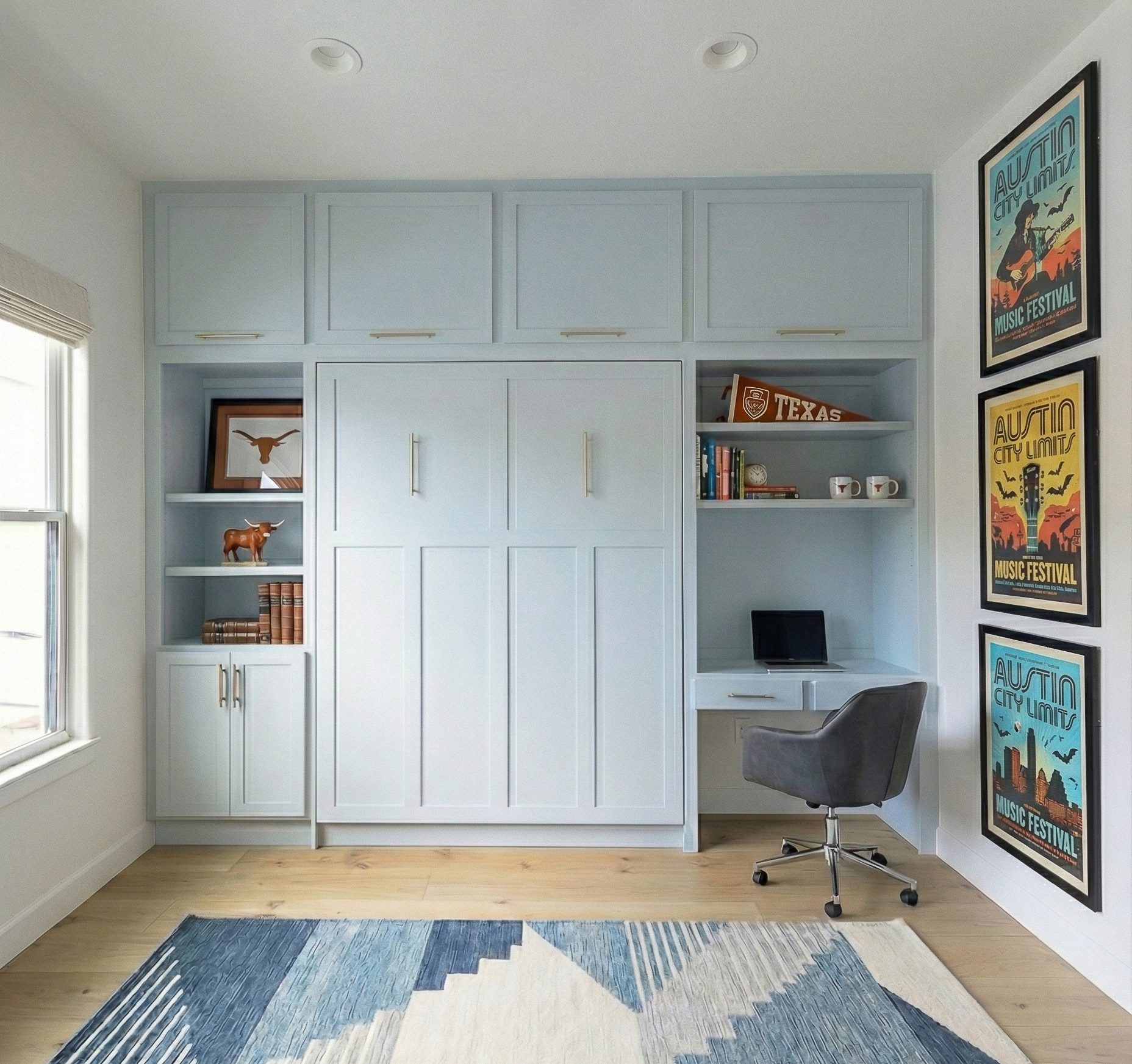 Custom built-in Murphy bed with integrated desk and cabinetry, Round Rock TX