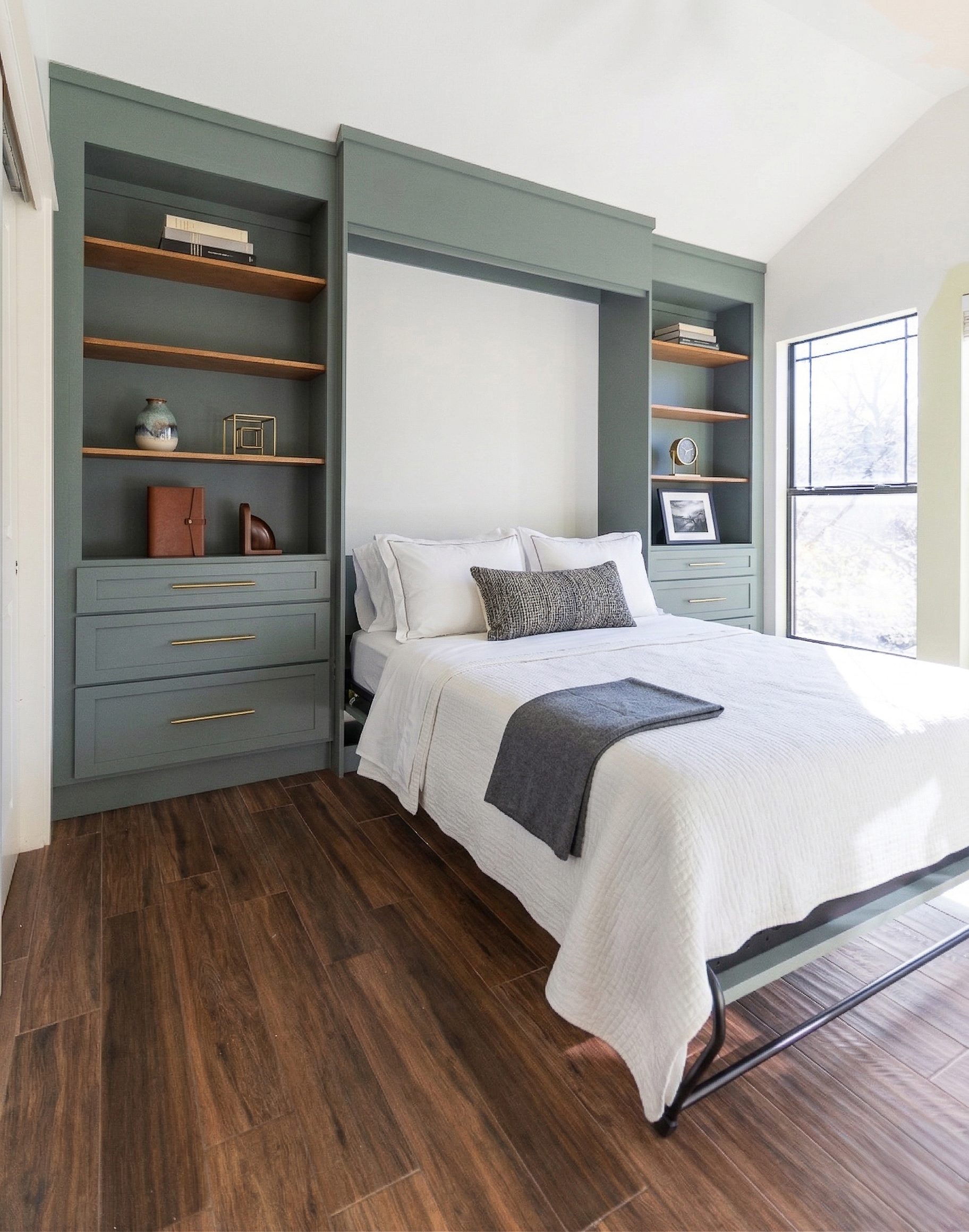 Custom built-in Murphy bed with open shelving and cabinetry, Cedar Park TX