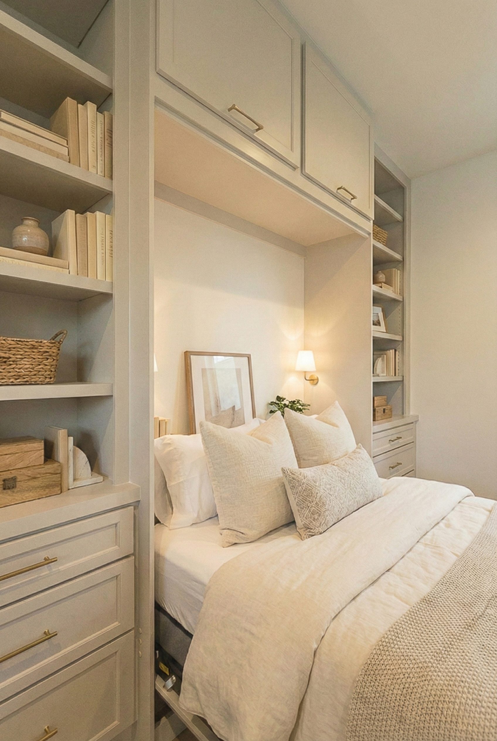 Revere Pewter Velar Murphy bed deployed as guest room with sconce lighting and styled open shelving in Northwest Hills Austin