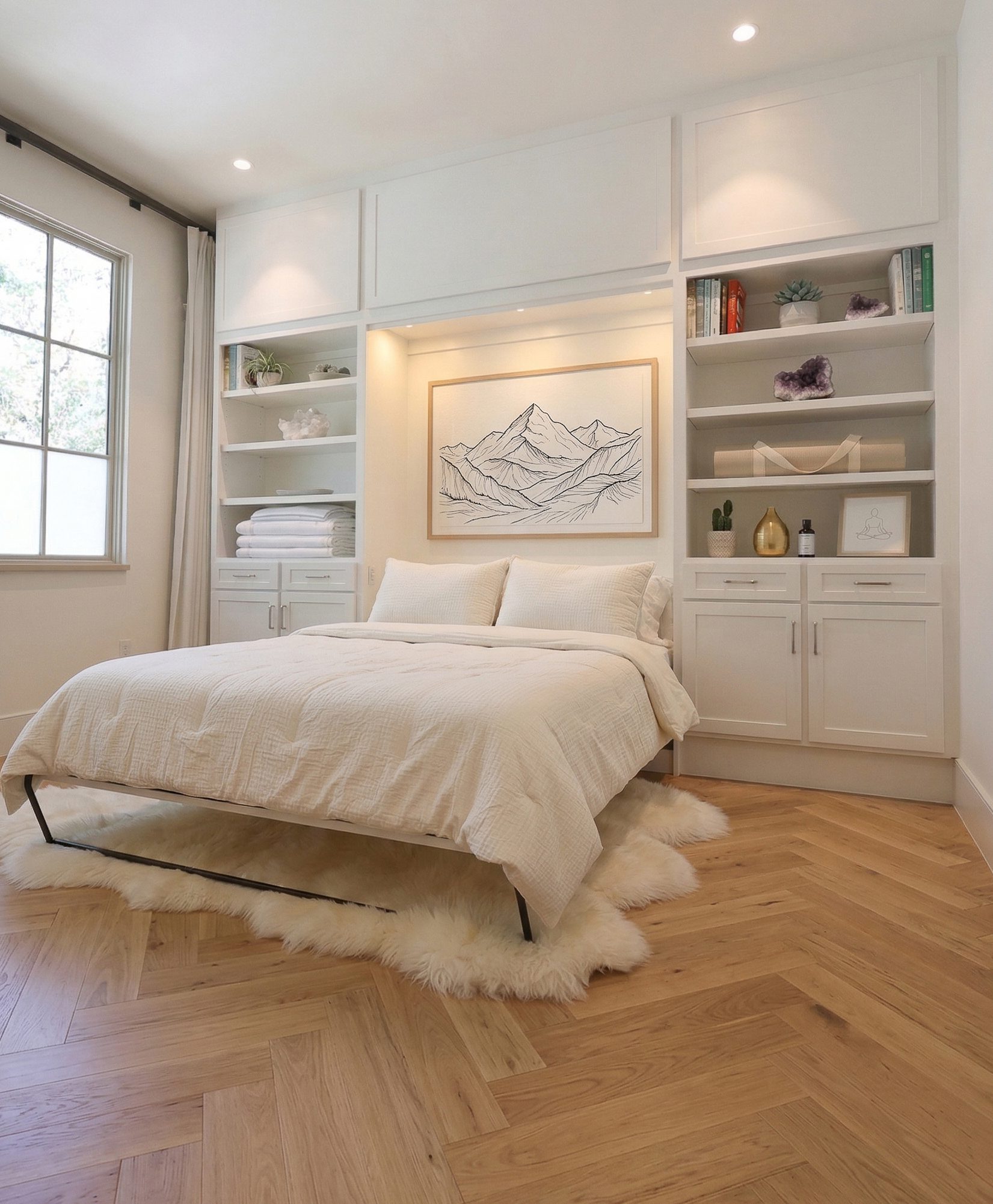 Custom built-in Murphy bed with open shelving and cabinet lighting, Leander TX