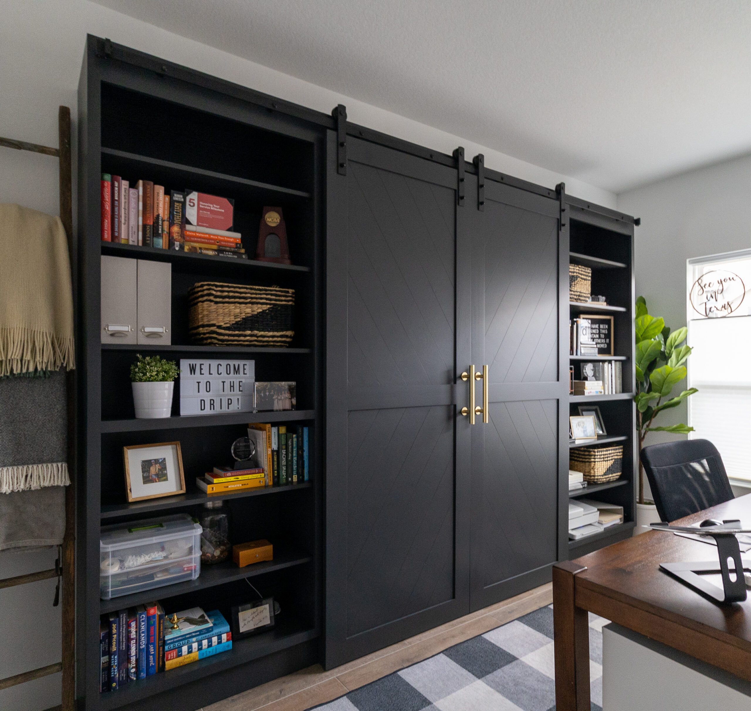Custom built-in Murphy bed with sliding barn doors and open shelving, Dripping Springs TX