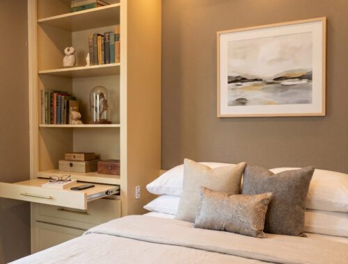 Queen vertical Shaker Murphy bed deployed with open shelving tower and recessed lighting, Twilight Gold finish, Balcones Woods Austin TX