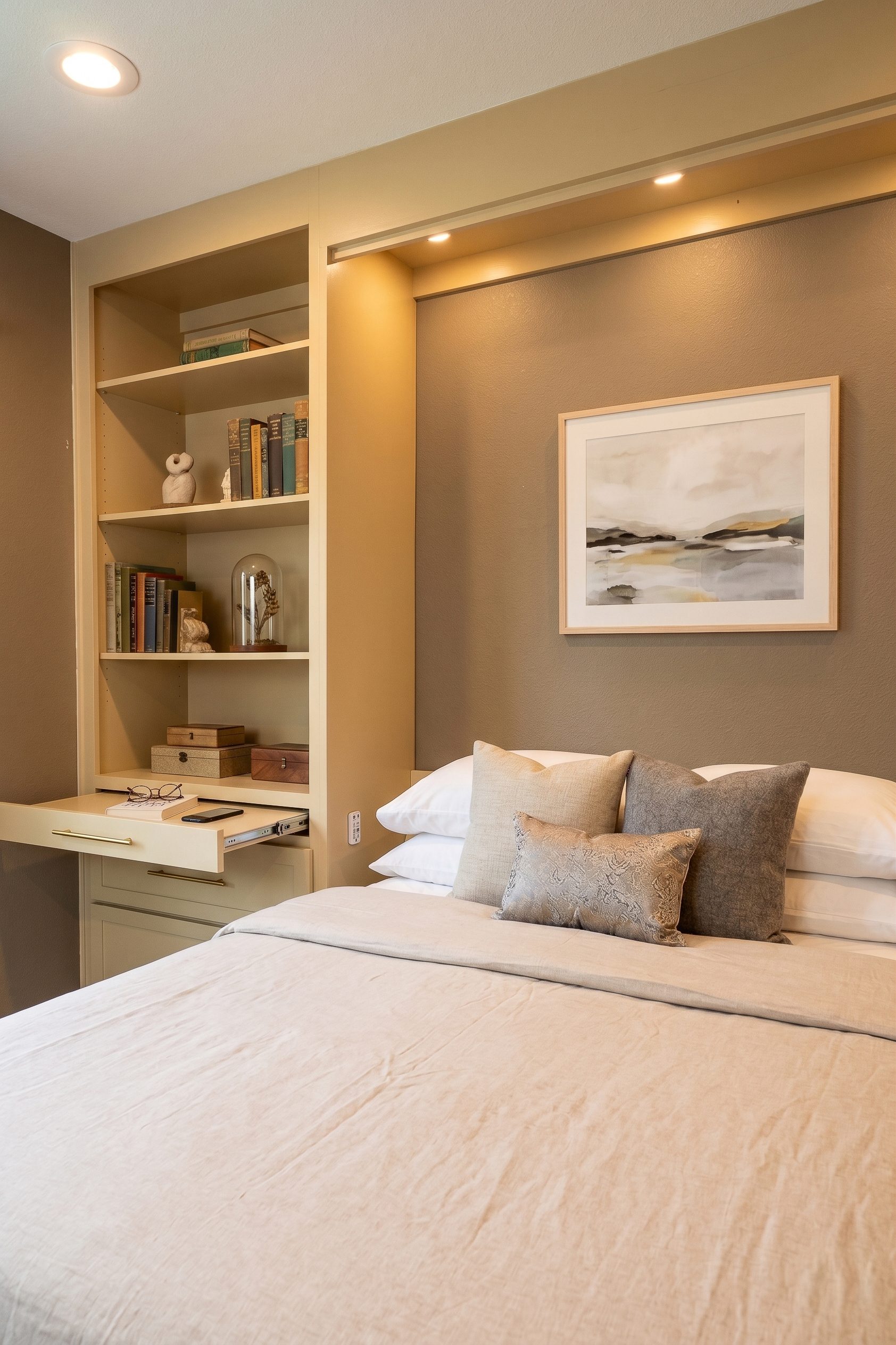 Queen vertical Shaker Murphy bed deployed with open shelving tower and recessed lighting, Twilight Gold finish, Balcones Woods Austin TX
