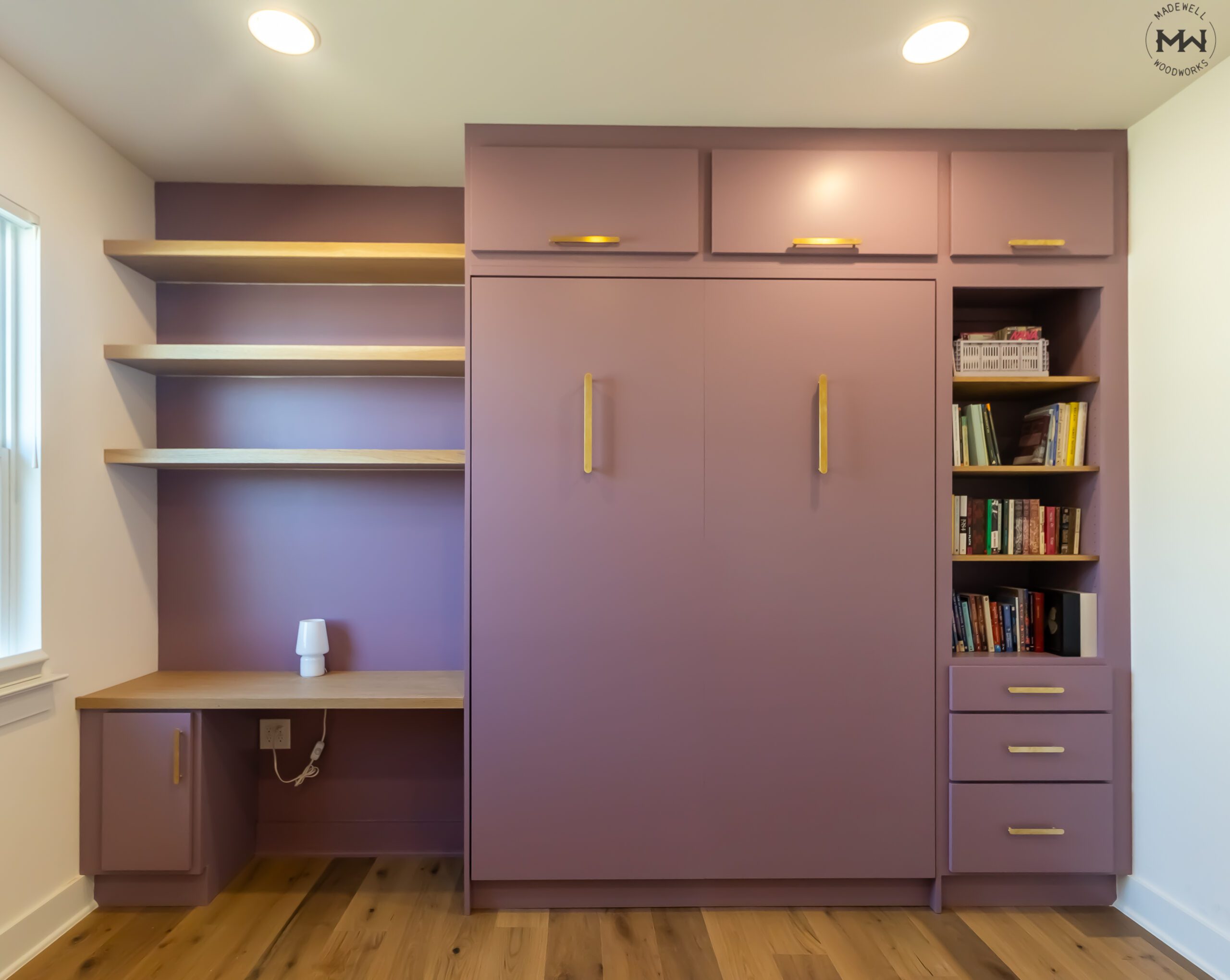 Queen vertical Velar Murphy bed with white oak shelving and desk, orchid purple finish with gold pulls, Austin TX