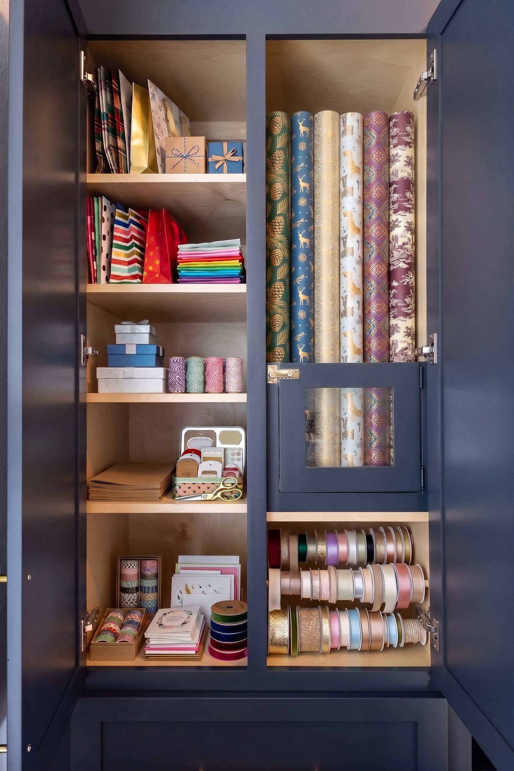 Open built-in cabinet interior with custom shelving storing gift wrap, fabric rolls, and craft supplies in Austin, TX